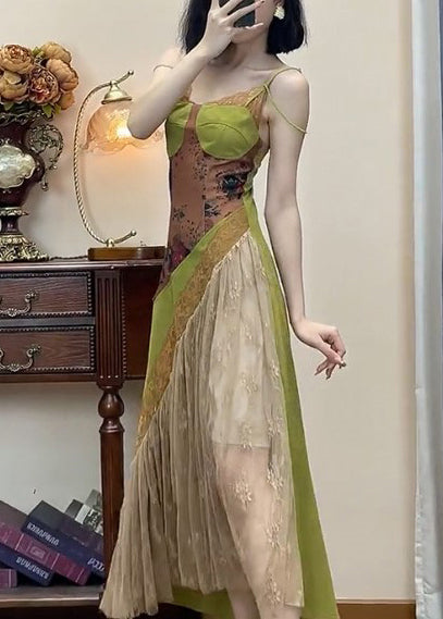 Spaghetti-Spitze Neues Grünes Kleid Patchwork-Träger Ärmellos