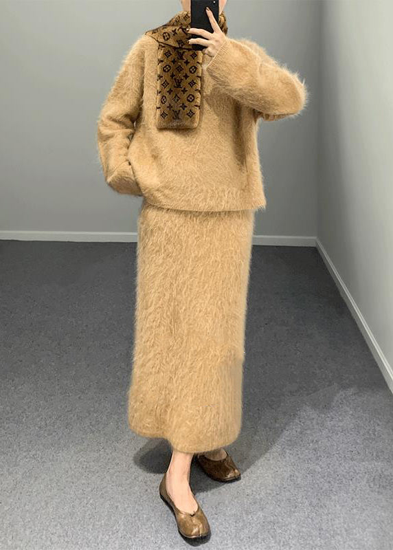 Mode Khaki O Hals Woll Zweiteiler Outfits Winter RY003 