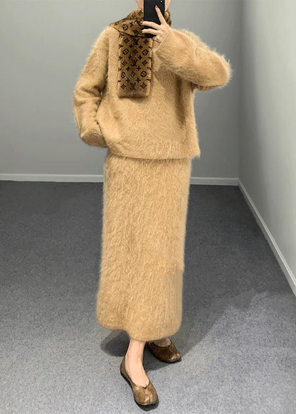 Mode Khaki O Hals Woll Zweiteiler Outfits Winter RY003 