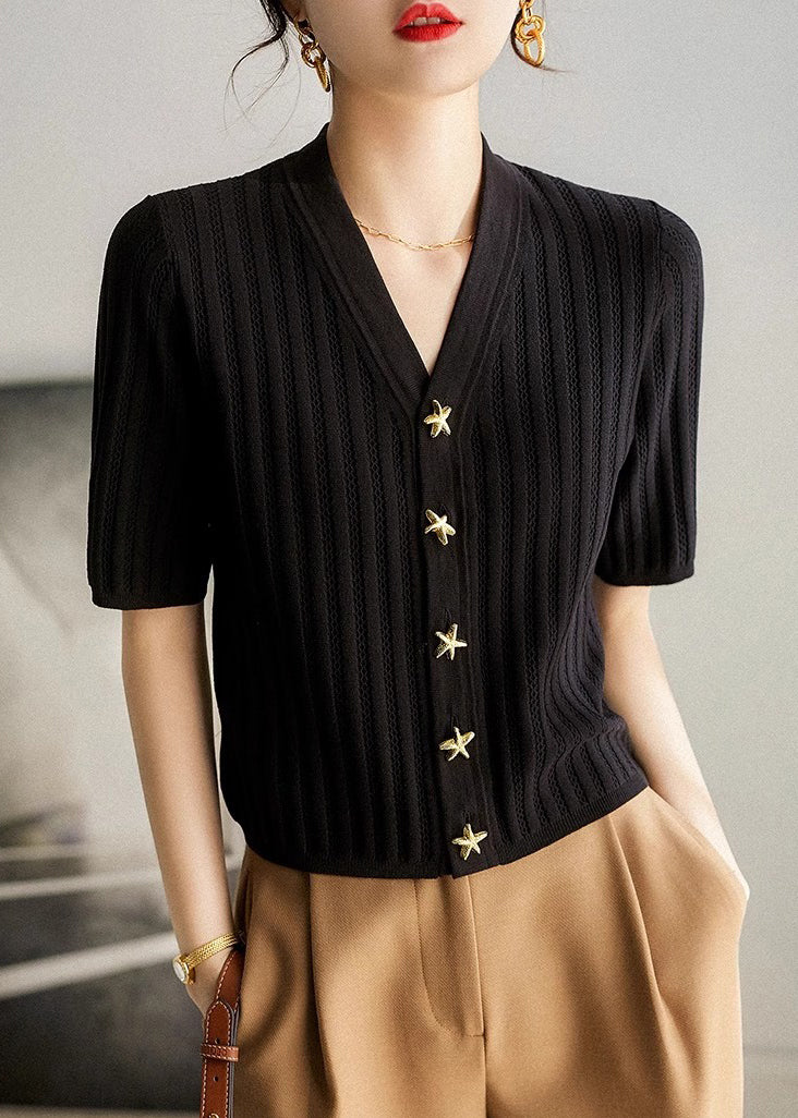 Neck Shirt Sommer Strick Silm Schwarz V Fit Style 