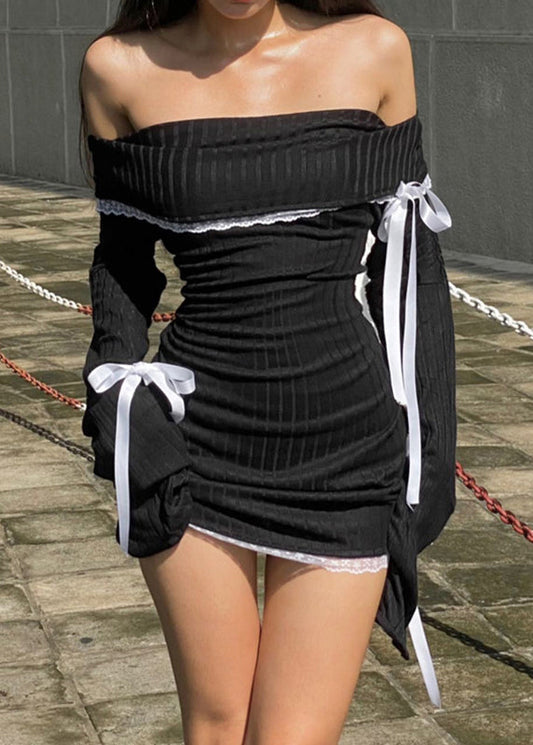Spitze Baumwolle Schleife Kleid Stricken Schwarz Frühling Hals Slim Fit Slash 