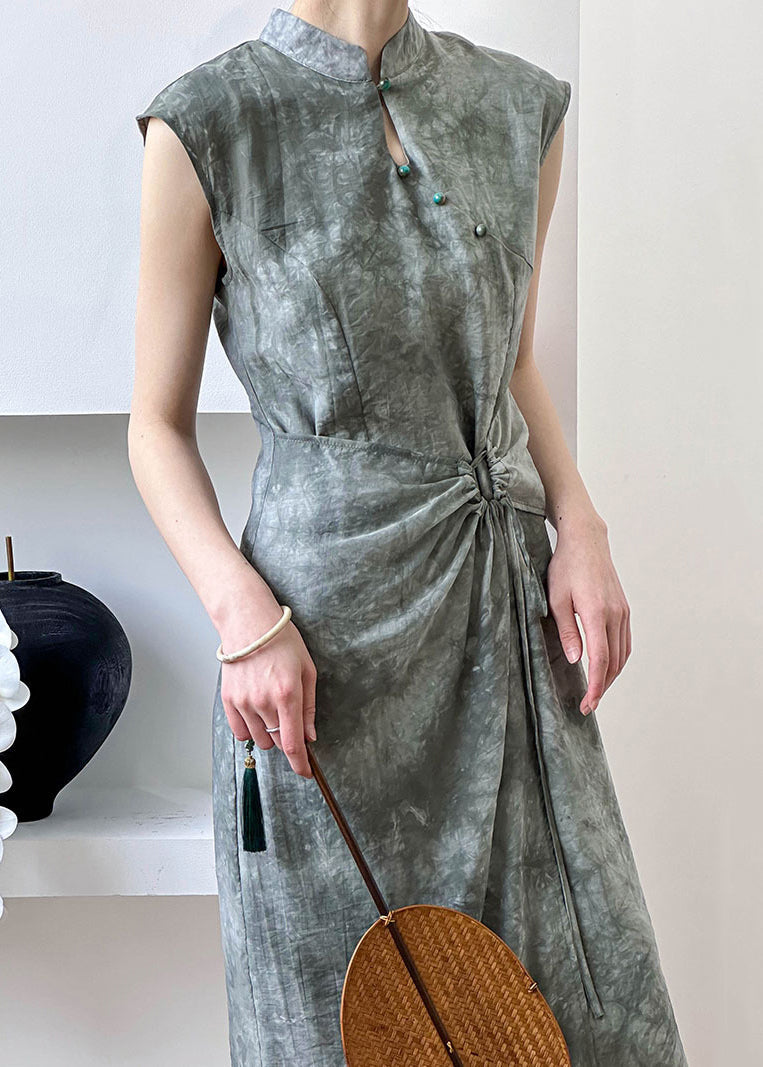 New Grey Button Lace Up Silk Cotton Long Dress Summer AF1012