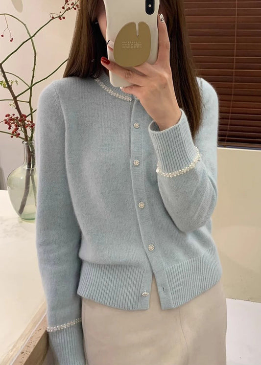 French Blue O Neck Handmade Nail Bead Knit Cardigan Fall QC039