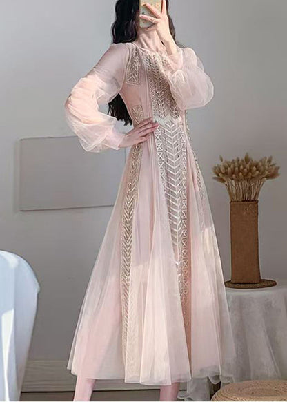 Robe à manches bouffantes en tulle et perles à ongles rose 2024 AZ1019 