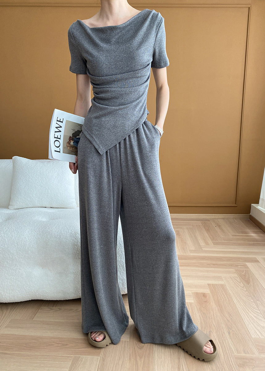 Italian Grey Cold Shoulder Asymmetrical Knit Two Pieces Set Summer WD002