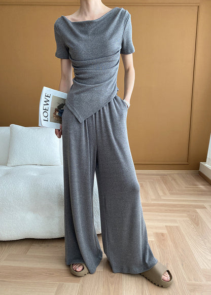 Ensemble deux pièces en tricot asymétrique à épaules dénudées gris italien pour l'été WD002 