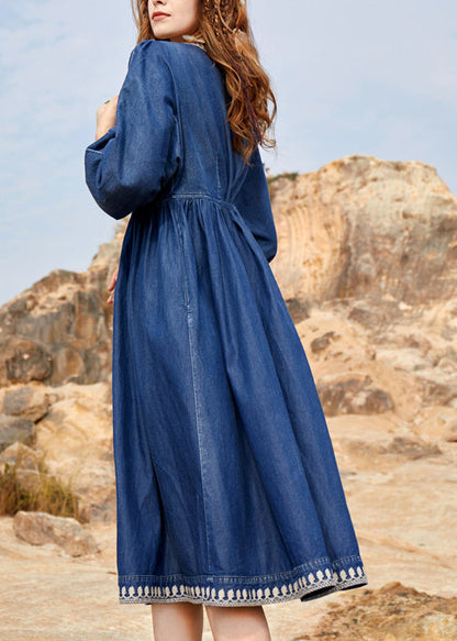 Robe longue en denim bleu marine à col en V et patchwork brodé pour femme, printemps NN022 