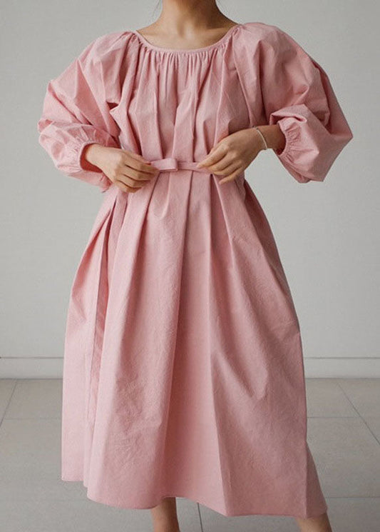 Kleid zerknittert O-Ausschnitt Rosa Maxi Viertel Drei Baumwolle Ärmel 