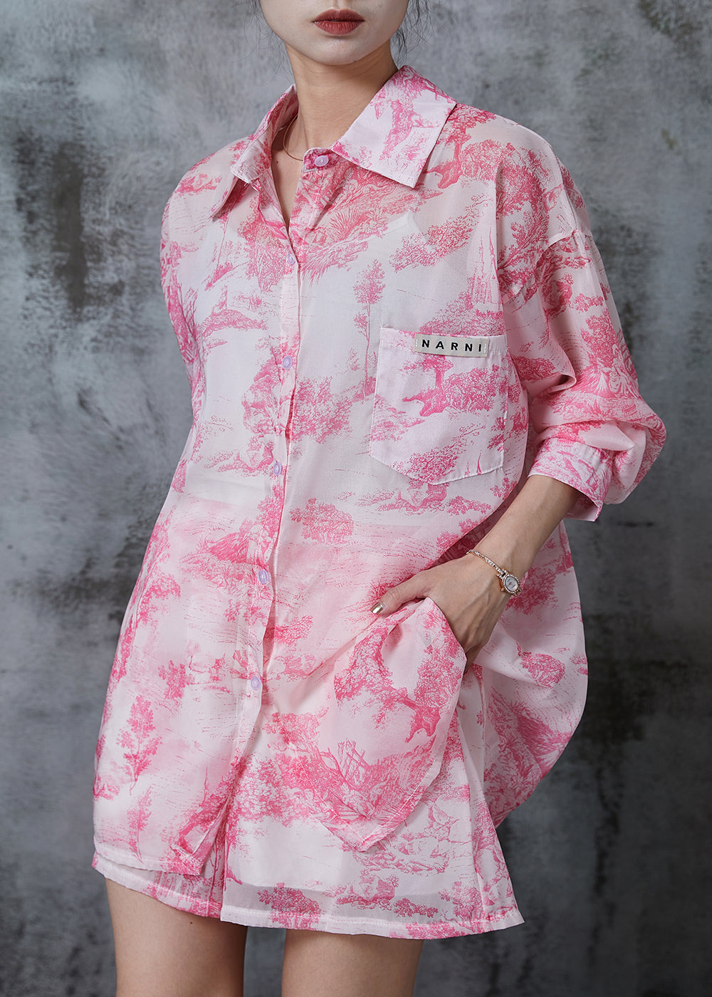 Simple Pink Oversized Print Chiffon Two Pieces Set Summer QA1013