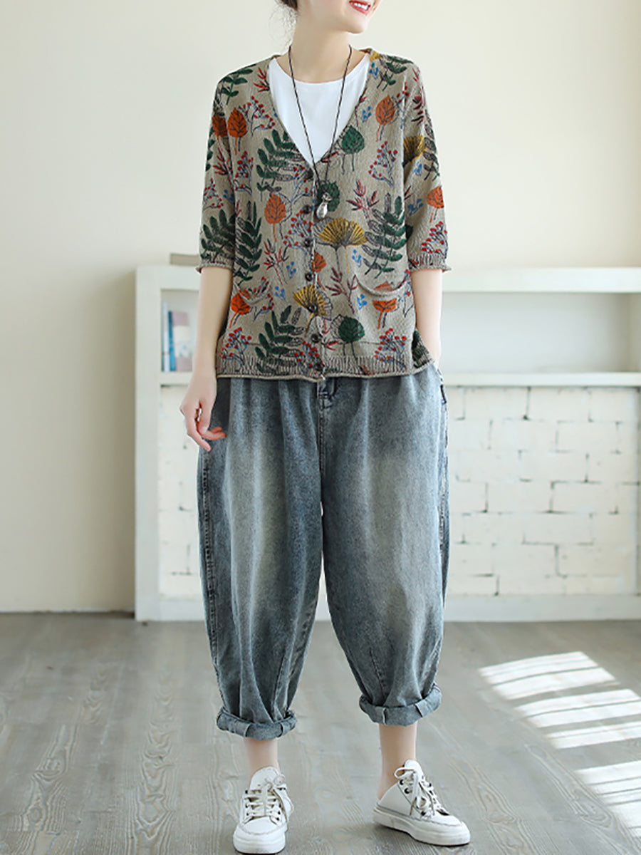 Bedrucktes Halbarm-Strickhemd für Damen in Übergröße FG1012