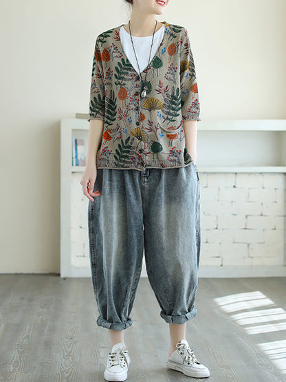 Bedrucktes Halbarm-Strickhemd für Damen in Übergröße FG1012