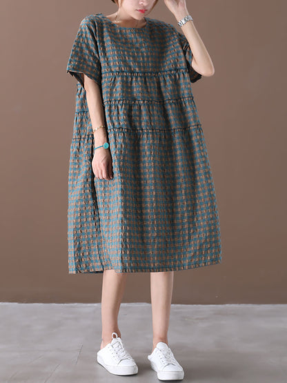 Robe mi-longue d'été à carreaux en coton et lin à col rond grande taille XX1060