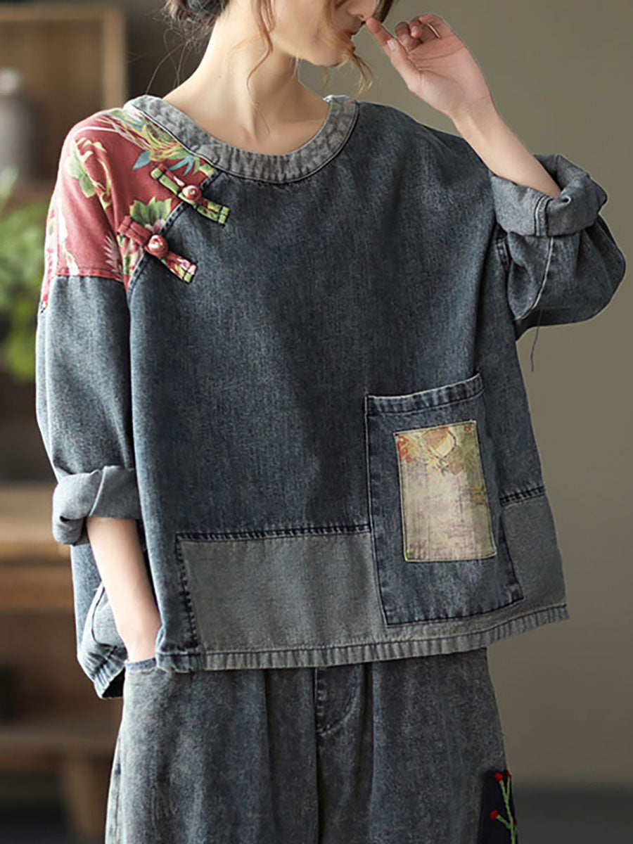 Übergröße Damen Retro-Nähte Patchwork-Druck Floral Denim Sweatshirt SC1032