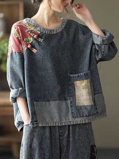 Sweat-shirt en denim à imprimé patchwork rétro pour femmes, grande taille, SC1032