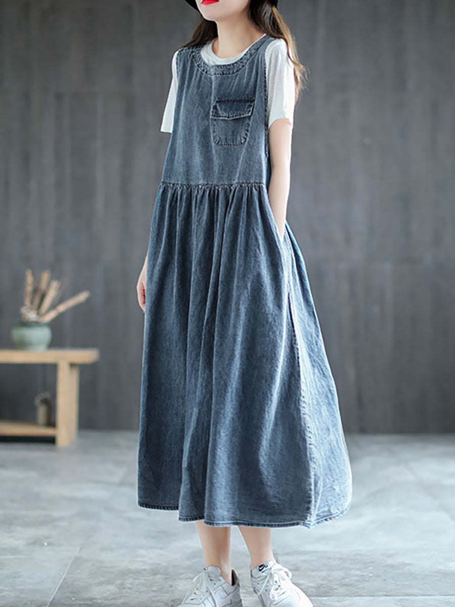 Langes ärmelloses Trägerkleid aus Denim in Übergröße mit Plissee AI1083