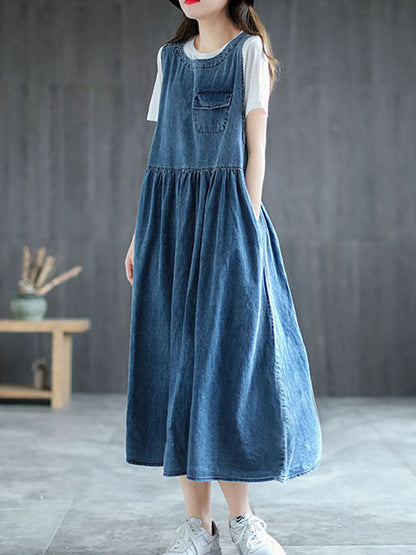 Robe longue plissée en jean grande taille sans manches AI1083