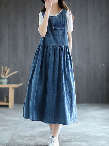 Robe longue plissée en jean grande taille sans manches AI1083