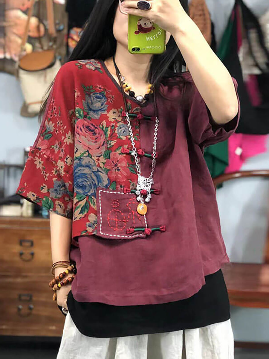 Plus Size Women Embroidered Floral Retro Ramie Cotton Stitching T-shirt AS1029