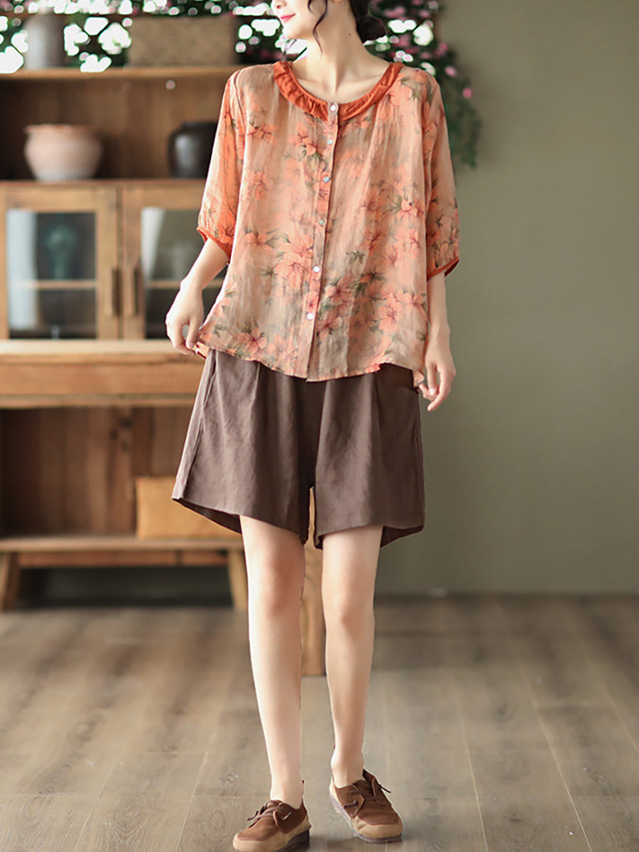 Plus Size Floral Ramie Vintage Summer Women Shirt RR1061