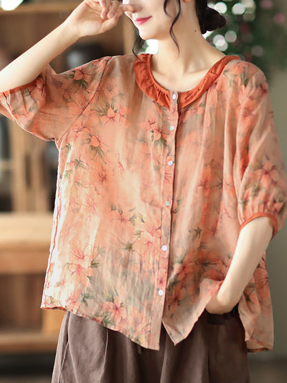 Plus Size Floral Ramie Vintage Summer Women Shirt RR1061