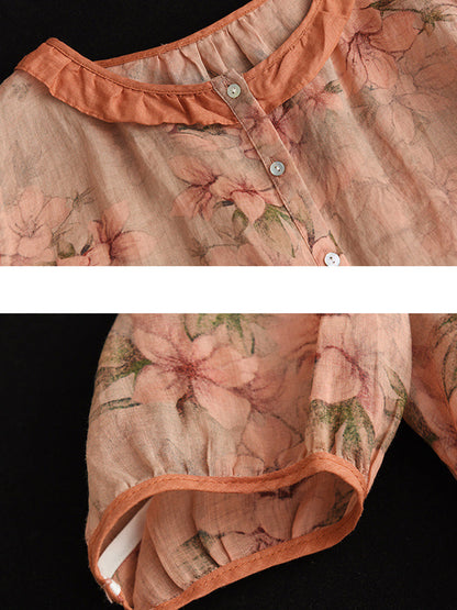 Plus Size Floral Ramie Vintage Summer Women Shirt RR1061