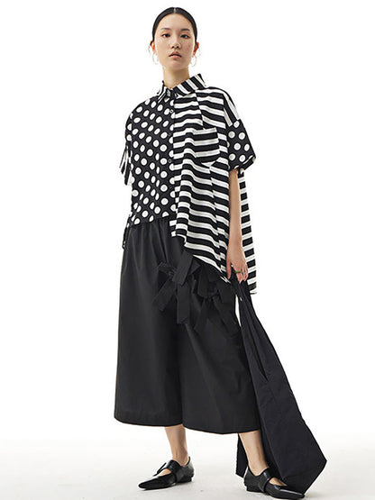 Übergröße Damen Baumwolle Streifen Punkte Lockeres Unregelmäßiges Hemd AA1022 