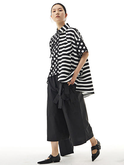 Übergröße Damen Baumwolle Streifen Punkte Lockeres Unregelmäßiges Hemd AA1022 