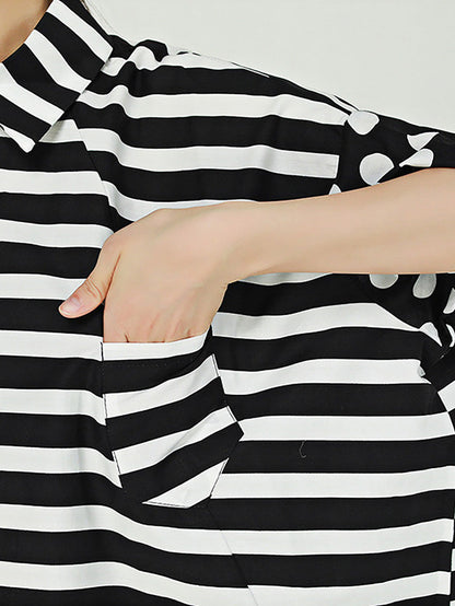 Übergröße Damen Baumwolle Streifen Punkte Lockeres Unregelmäßiges Hemd AA1022 