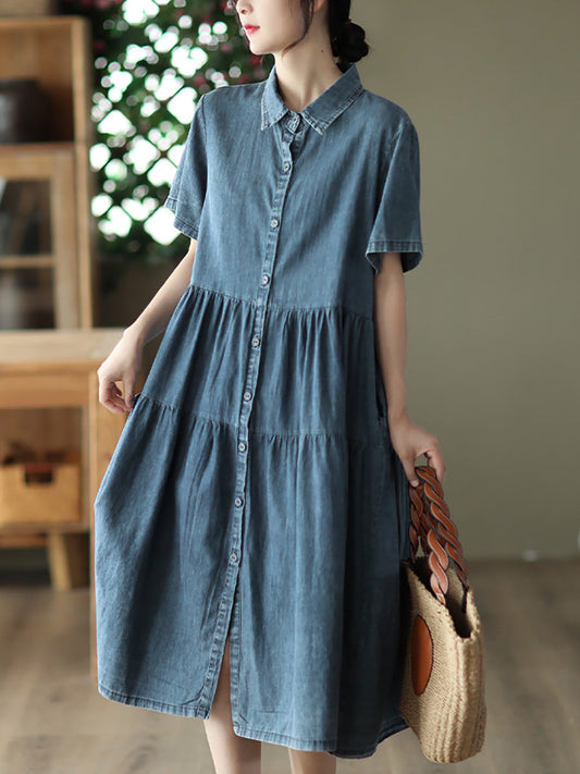 Women Summer Casual Solid Button-up Pleated Dress LL024