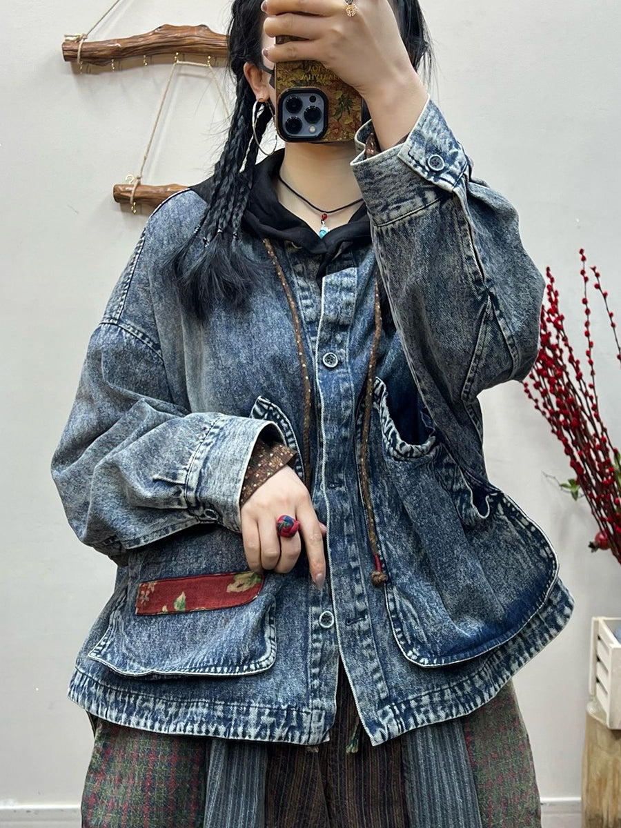 Women Spring Retro Irregular Patch Pocket Denim Coat AT1031