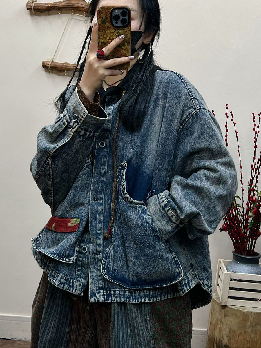 Women Spring Retro Irregular Patch Pocket Denim Coat AT1031