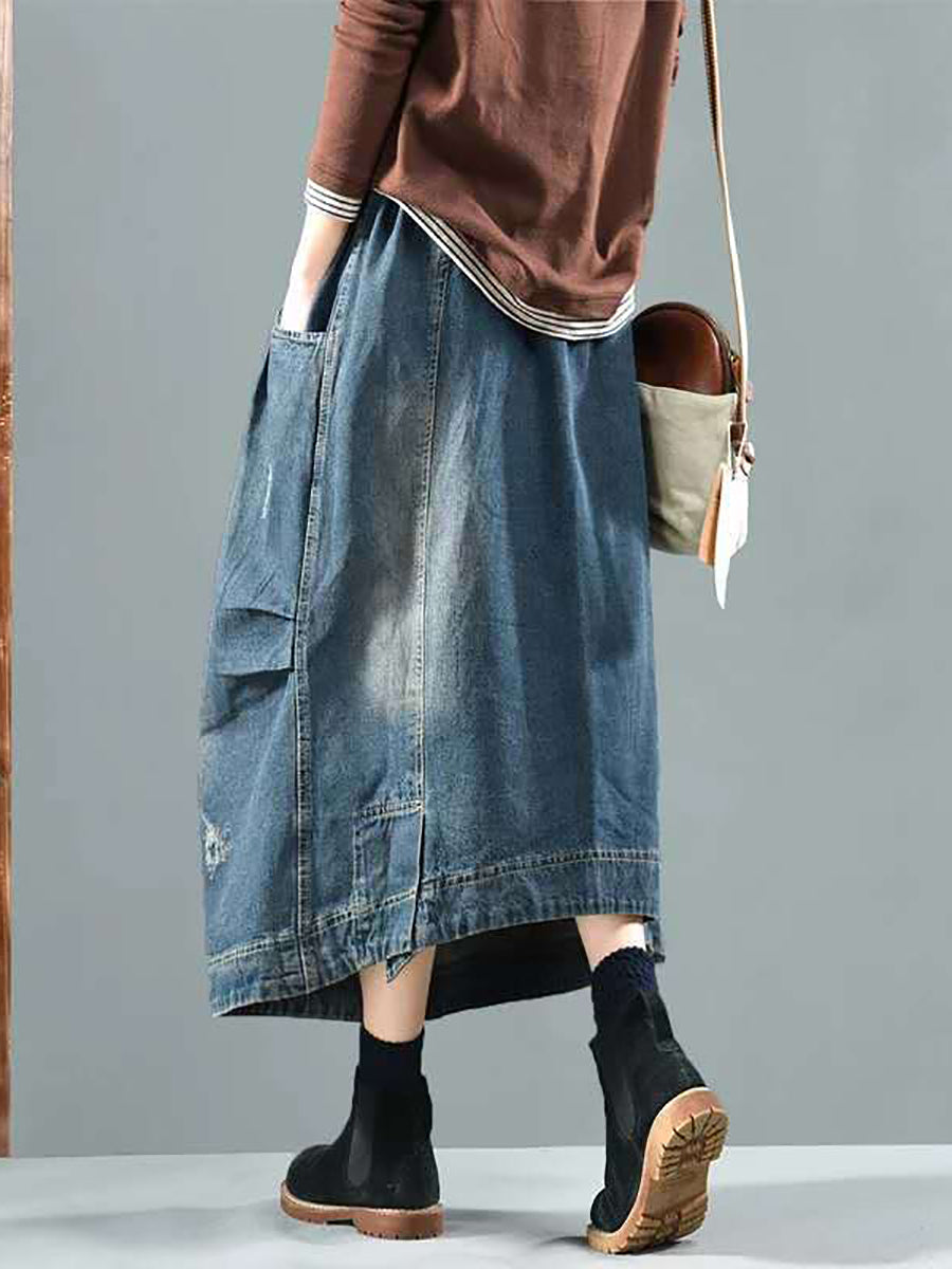 Women Retro Fade Pocket Elastic Waist Denim Skirt AI1012