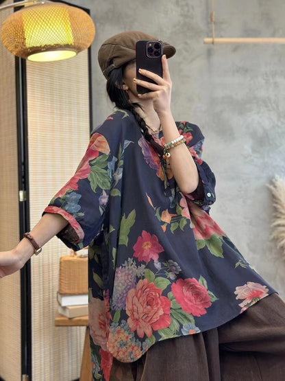 Plus Size Women Summer Casual Flower Button Loose Pullover Shirt HH054