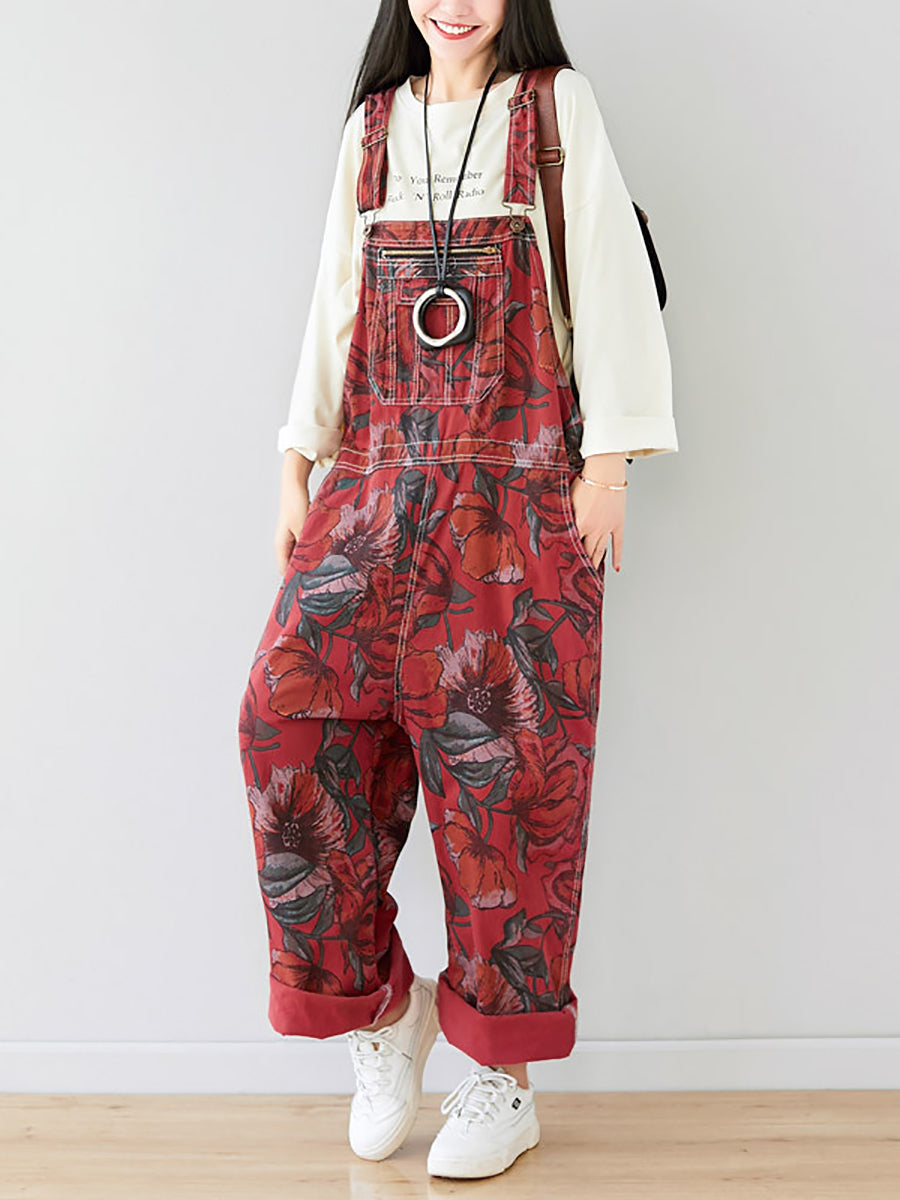 Women Autumn Artsy Flower Pocket Loose Denim Jumpsuits AI1071