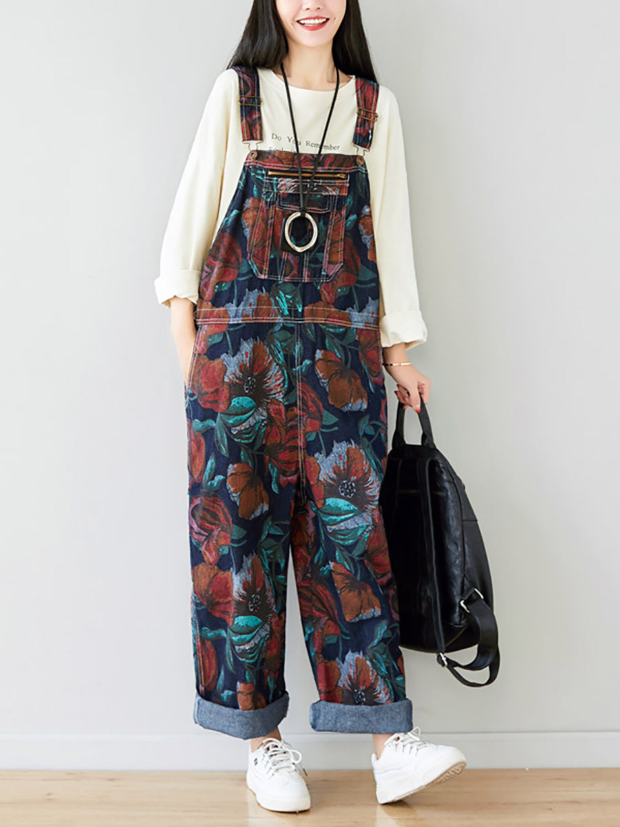 Women Autumn Artsy Flower Pocket Loose Denim Jumpsuits AI1071