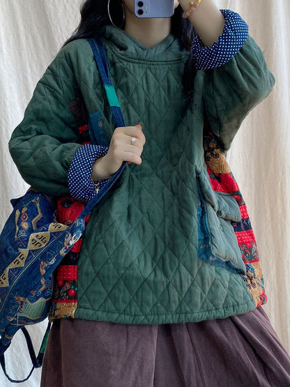 Übergröße Damen Winterjacke mit Patch, gespleißter Tasche, dicke Kapuze ZZ1048