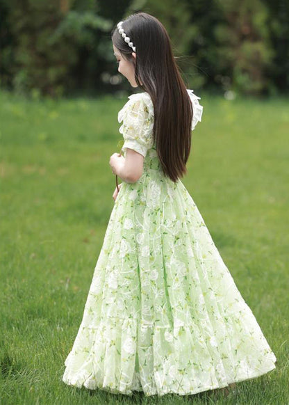 2024 Nouvelle robe longue en mousseline de soie à col Peter Pan vert imprimé à la taille avec cravate pour filles à manches courtes XZ006