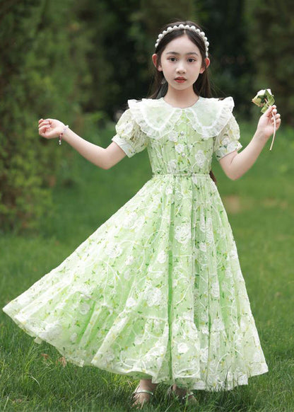 2024 Nouvelle robe longue en mousseline de soie à col Peter Pan vert imprimé à la taille avec cravate pour filles à manches courtes XZ006