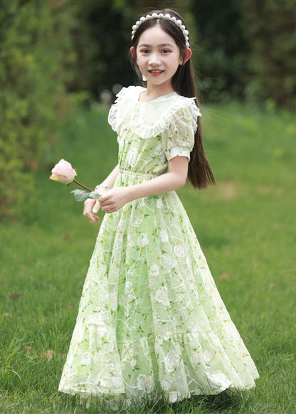 2024 Nouvelle robe longue en mousseline de soie à col Peter Pan vert imprimé à la taille avec cravate pour filles à manches courtes XZ006