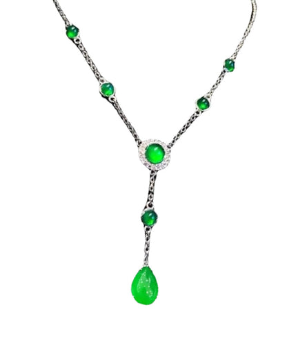 Collier avec pendentif à pompon en jade et zircon vert surdoré en argent sterling 2024 AC1033