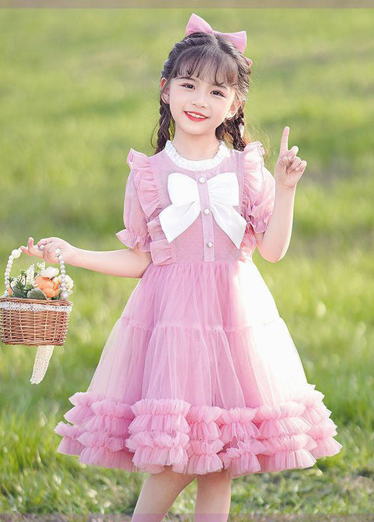 2024 neues rosa O-Ausschnitt Schleife Rüschen Patchwork Tüll Kinder Maxi Kleid Sommer EW022