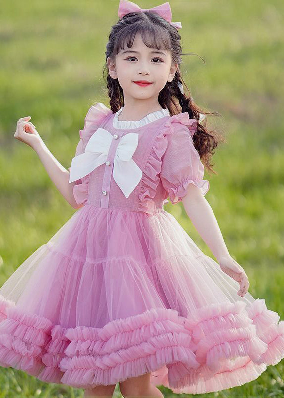 2024 neues rosa O-Ausschnitt Schleife Rüschen Patchwork Tüll Kinder Maxi Kleid Sommer EW022