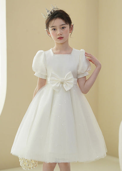 2024 Nouvelle robe blanche en tulle avec nœud et perles pour filles, manches bouffantes, XZ040