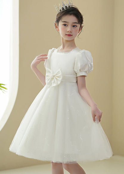 2024 Nouvelle robe blanche en tulle avec nœud et perles pour filles, manches bouffantes, XZ040