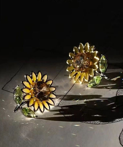 Boucles d'oreilles à tige en argent sterling jaune 2024 avec zircon émaillé et tournesol AH736