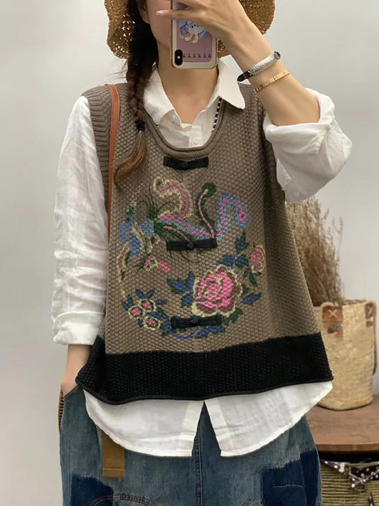 Women Retro Flower Print Colorblock Vest CV1028