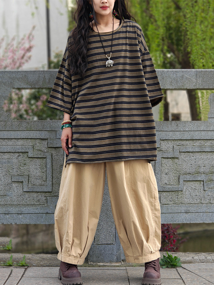 Casual Shirt Stripe Summer Cotton Plus Size Women