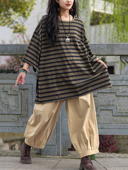 Casual Shirt Stripe Summer Cotton Plus Size Women