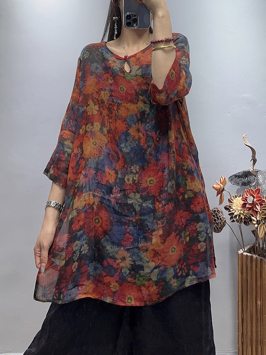 Plus Size Women Vintage Flower Summer Loose Ramie Shirt WE1030