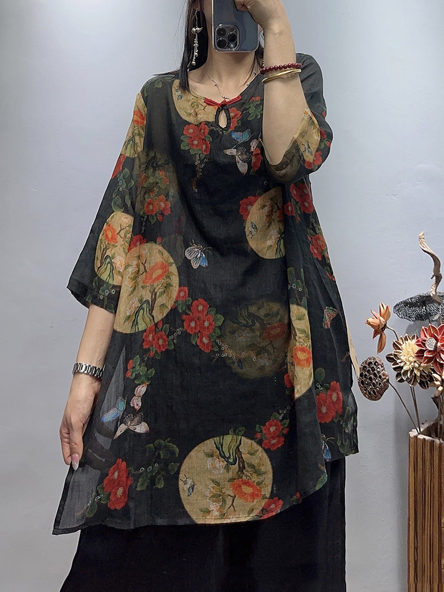 Plus Size Women Vintage Flower Summer Loose Ramie Shirt WE1030